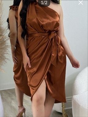 Satin Wrap Midi Dress in Rust